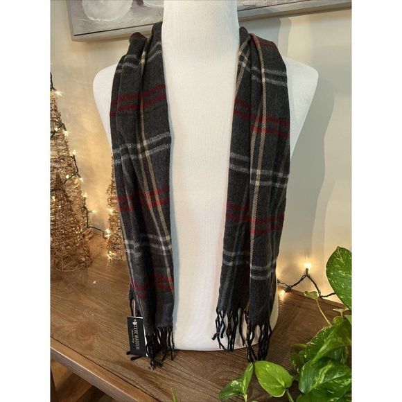 NWT Steve Madden Mid Weight Charcoal Grey Red Gold Plaid Muffler Scarf - Picture 3 of 5
